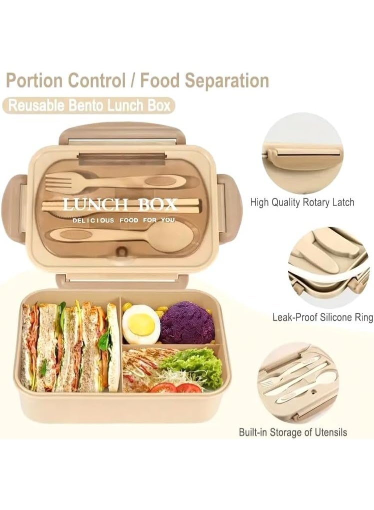 م اكس م حاويات صندوق الغداء للبالغين والأطفال مع 3 شركات. كبير 1400 مل للمكتب والمدرسة والمنزل والسفر والأطفال والبنات والأولاد، مقاوم للتسرب مع أدوات المائدة، خالٍ من مادة BPA، آمن للاستخدام في الميكروويف (بيج) - Image 1